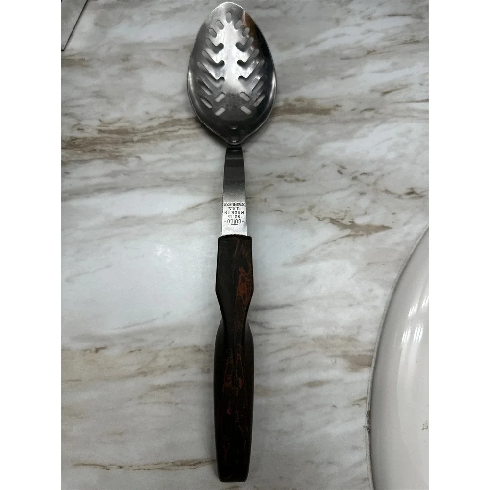 Vintage Cutco Slotted Cooking/Serving Spoon Brown Swirl Handle No.13 Made in USA